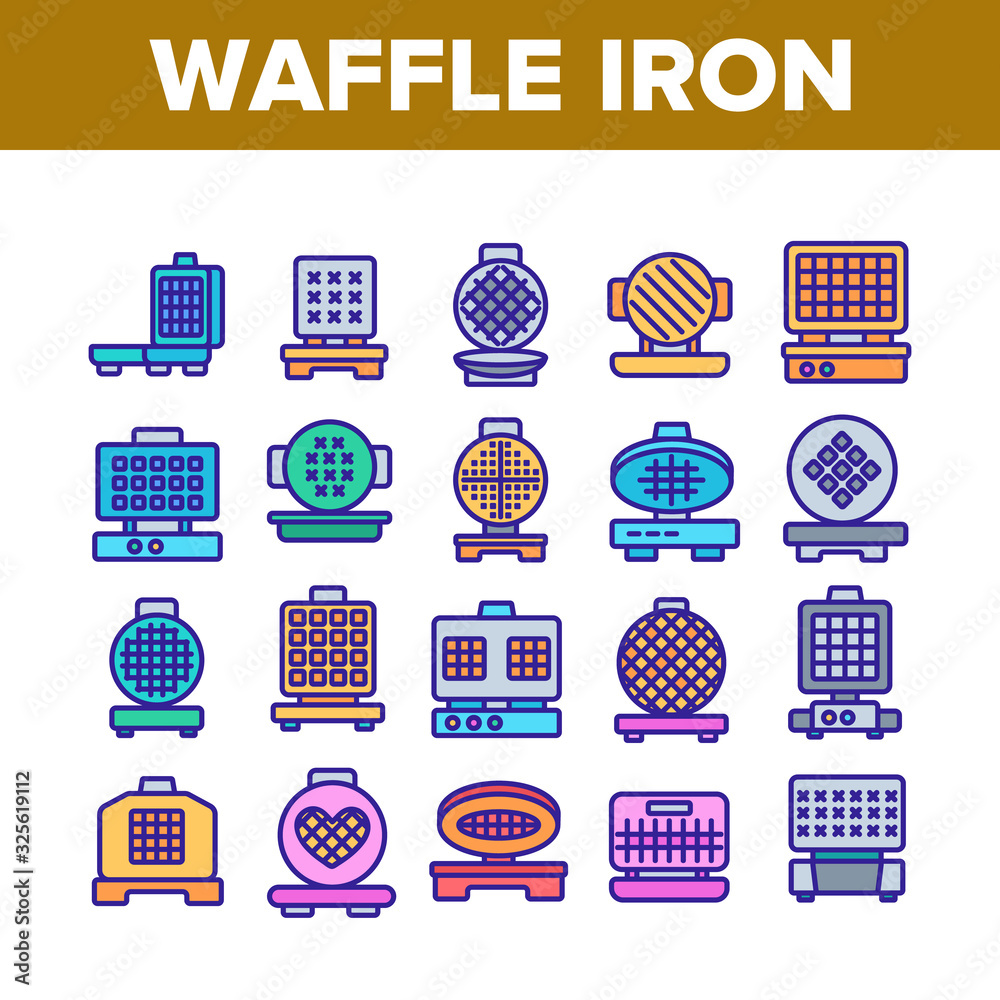 Waffle Iron Equipment Collection Icons Set Vector. Electronic Device For Bake Delicious Waffle In Round, Square And Heart Form Concept Linear Pictograms. Color Illustrations