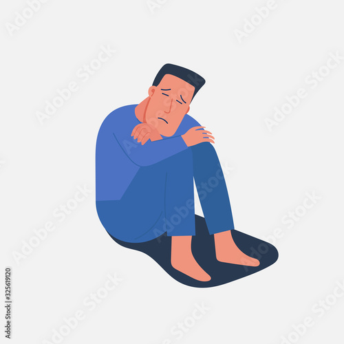 sad and unhappy young man in depression sitting on his knees, lonely boy, sorrow, mental health concept, cartoon male character vector flat illustration