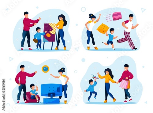 Family Shopping, Naughty Kid, Child Education Trendy Flat Vector Concepts Set. Parents with Children Visiting Drawing Lessons, Buying Toys on Sale, Fooling Around and Playing Video Games Illustration