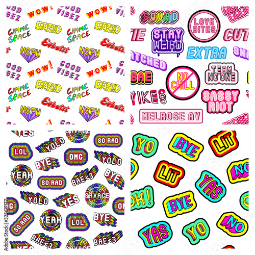 Set of 4 seamless patterns with colorful modern patches. Quirky cartoon comic style words, phrases of 80-90s. White backgrounds. Vector wallpapers.