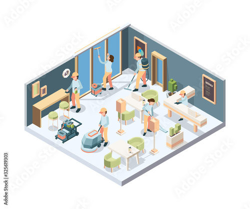 House cleaning. Professional cleaning service person in gloves sponge polishing window and floor in room vector isometric. Maid professional washing vacuuming, process team cleaning room illustration