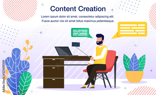 Content Creation, Live Streaming Service, Active Vlogger Banner, Poster. Blogger Sitting and Desk with Smartphone on Selfie Stick, Recording Video, Broadcasting Online Trendy Flat Vector Illustration