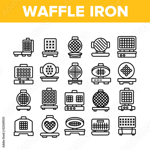 Waffle Iron Equipment Collection Icons Set Vector. Electronic Device For Bake Delicious Waffle In Round, Square And Heart Form Concept Linear Pictograms. Monochrome Contour Illustrations
