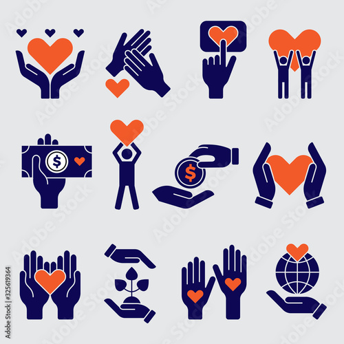 Volunteers icon. Hands hearts donation charity natural symbols of goods vector people volunteers. Illustration suppor and donation, hope and assistance togetherness