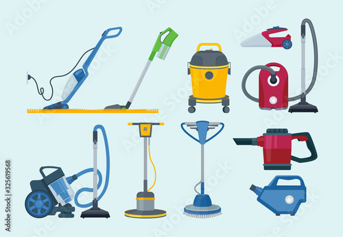 Cleaning equipment. Electrical vacuum cleaner professional supplies household service vector collection pictures. Electric vacuum cleaning, appliance domestic, household device equipment illustration