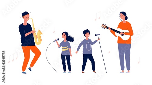 Children singers. Music and vocal lessons for children. Artists girl boy with microphones and adult musicians. Performance of singer vector illustration. Singer boy and girl, music vocal performance