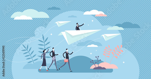 Business direction paper plane concept, flat tiny businessman persons vector illustration