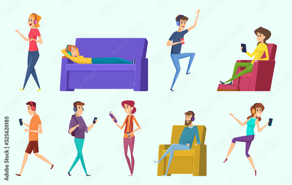 Relaxing characters. Peoples listening music in headphones laying male and female persons vector. Character music headphones, people listening and relax illustration