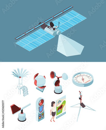 Weather equipment. Meteorological station satellite measurement socks wind observing place. Illustration weather equipment, meteorology station, measurement instrument, technology for forecast climate