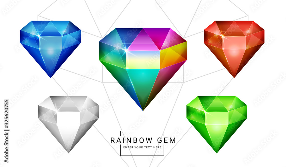 Set of rainbow color fantasy jewelry gems, polygon shape stone for game. Set of rainbow color fantasy jewelry gems, polygon shape stone for game.