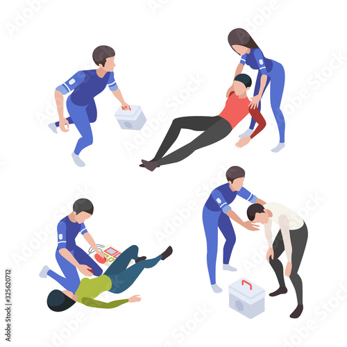 Medical people. Ambulance service reanimation nurse medical personal vector isometric characters healthcare set. Emergency reanimation, medicine doctor, first help illustration