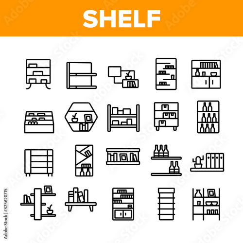 Shelf Room Furniture Collection Icons Set Vector. Shelf With Books And Drink, Documents And Domestic Plant, Shop Shelving And Bar Concept Linear Pictograms. Monochrome Contour Illustrations