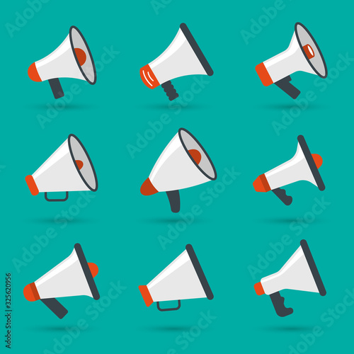 Megaphone set. Announcement items loud speaker radio communication concept icon silhouettes vector. Illustration loudspeaker and megaphone, audio loud volume