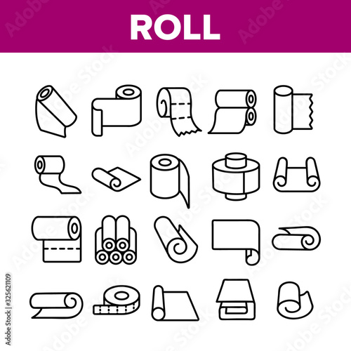 Roll And Reel Material Collection Icons Set Vector. Toilet Paper And Textile Roll, Towel And Carpet, Scroll Whatman And Document List Concept Linear Pictograms. Monochrome Contour Illustrations