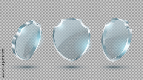 Set of realistic glass shields. Transparent glass shields with reflections and light sparkles. Isometric, front and side view on 3d pannels isolated on checkered background. Vector illustration.