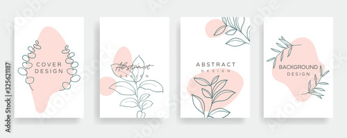 Fototapeta Floral line arts and organic shape cover design template for social media stories, post, sale banner, poster, cover design, Minimal and natural earth tone color theme wedding invitation cards. 