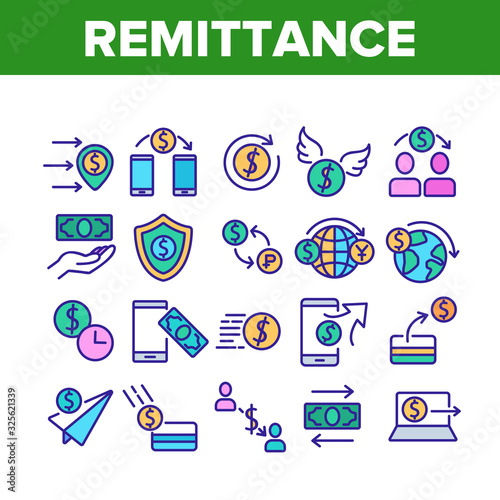 Remittance Finance Collection Icons Set Vector. International Electronic Remittance, Money Dollar Banknote And Coin, Bank Card And Shield Concept Linear Pictograms. Color Illustrations