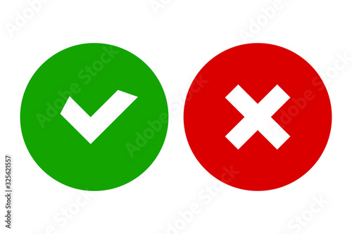 Checkmark and cross icons for web design isolated on white background. Flat, vector illustration