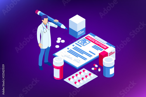 Isometric Online Medical Consultation. Health care Concept. Health Insurance, Online Prescription. Online diagnosis concept banner with characters.