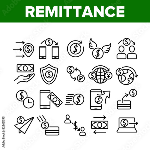 Remittance Finance Collection Icons Set Vector. International Electronic Remittance, Money Dollar Banknote And Coin, Bank Card And Shield Concept Linear Pictograms. Monochrome Contour Illustrations