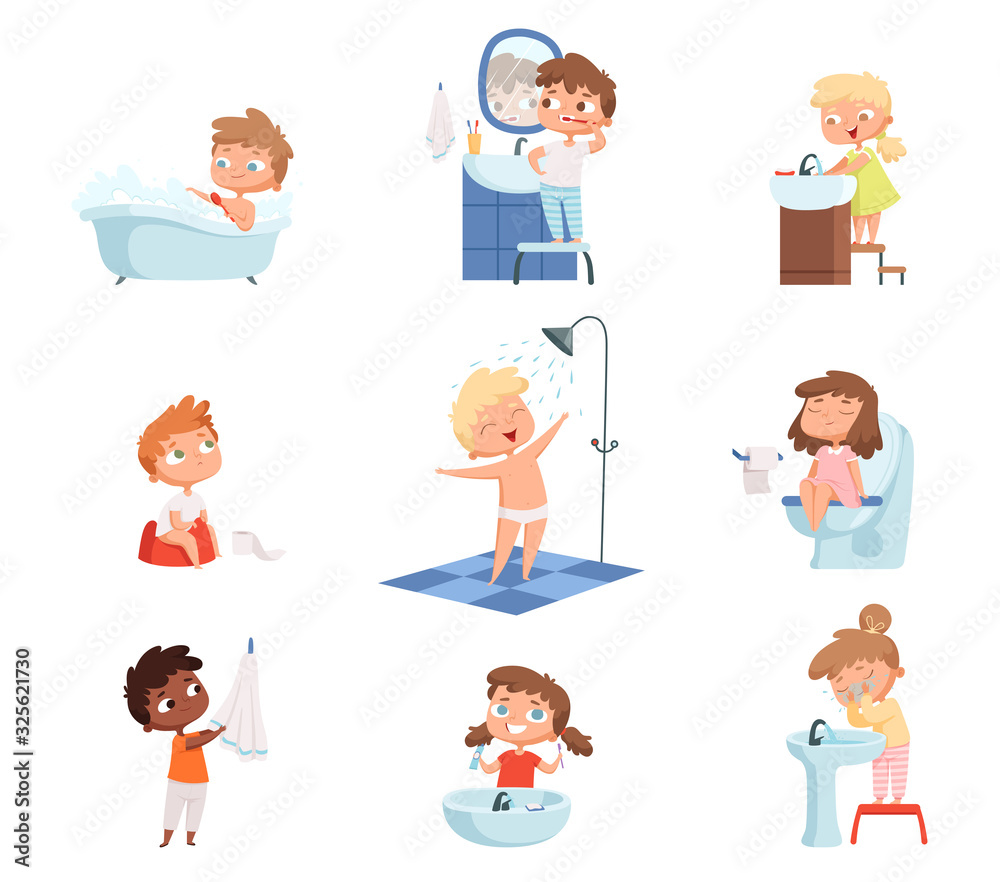 Washing kids. Brushing teeth toilet hygiene soap for childrens daily routine vector set