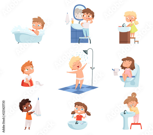 Washing kids. Brushing teeth toilet hygiene soap for childrens daily routine vector set. Illustration morning bathing children, hygiene daily
