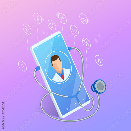Isometric Online Medical Consultation. Health care Concept. Health Insurance, Online Prescription. Online diagnosis concept banner with characters.