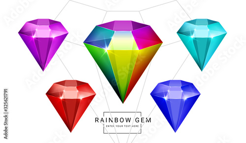 Set of rainbow color fantasy jewelry gems, polygon shape stone for game.