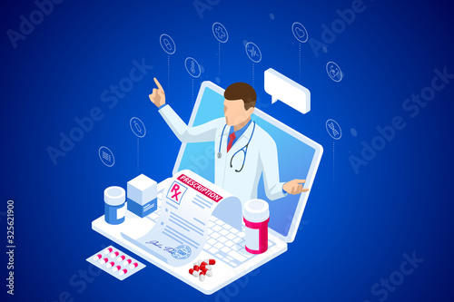 Isometric Online Medical Consultation. Health care Concept. Health Insurance, Online Prescription. Online diagnosis concept banner with characters.