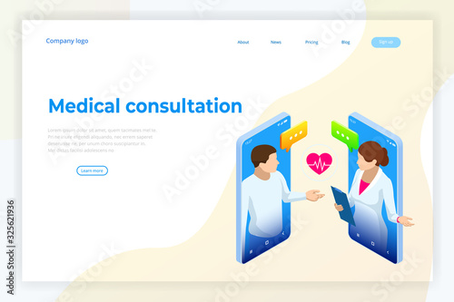 Isometric Online Medical Consultation. Health care Concept. Health Insurance, Online Prescription. Online diagnosis concept banner with characters.