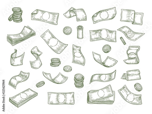 Finance symbols. Economy investment money coins capital vector hand drawn set. Finance investment money, coin and cash illustration