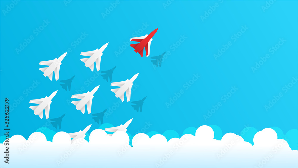Obraz premium Red jet airplane leading white jets in form of arrow shape flying from clouds on blue sky.Drawing art style of business teamwork creative concept idea.Vector illustration