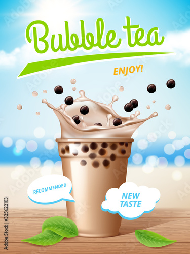 Bubble tea poster. Flowing milk delicious tapioca drinks with splashes promotional placard vector. Tea tasty advertising, tapioca takeaway, splash bubble cocktail illustration