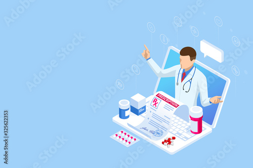 Isometric Online Medical Consultation. Health care Concept. Health Insurance, Online Prescription. Online diagnosis concept banner with characters. photo