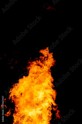 Yellow red and orange fire flames blazing fiery burning isolated on a black background © 168 Studio