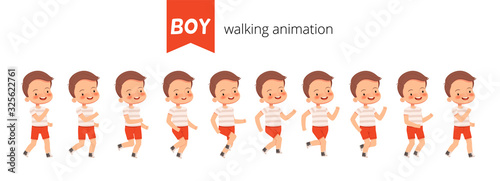 Set constructor animation walk of a little cute boy. Poses of a walking child for animation