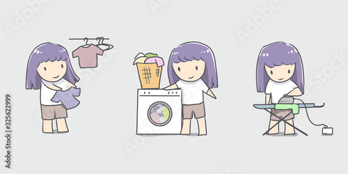 cute girl cleaning doing laundry kawaii vector style line drawing