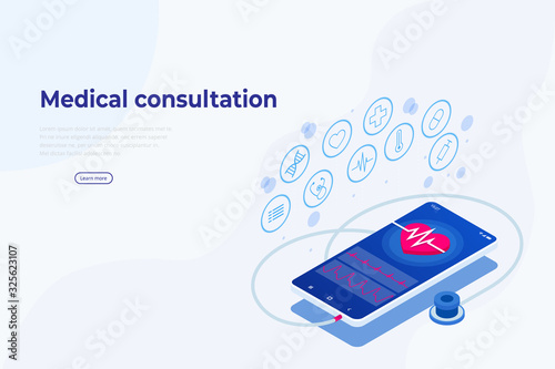 Isometric Online Medical Consultation. Health care Concept. Health Insurance, Online Prescription. Online diagnosis concept banner with characters.