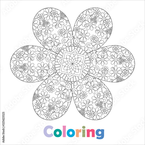 Flower close-up isolated, black outline white background, antistress coloring, vector illustration