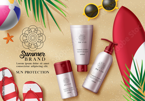 Summer cosmetic products vector template. Sun protection cosmetic products with sunscreen and sunblock containers in beach sand background design with beach elements like fit flop, surfboard, beach.