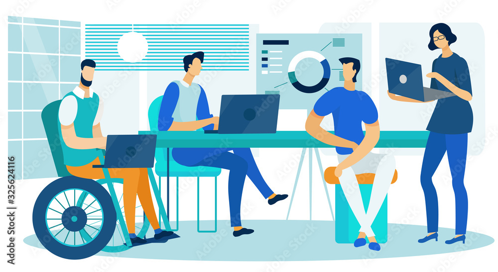 Business Analytics Creative Team Working in Office. Cartoon Male and Female Colleagues Characters Brainstorming and Analyzing Data on Laptop with Disabled Man in Wheelchair. Vector Flat Illustration - obrazy, fototapety, plakaty 