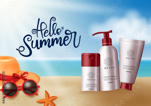 Hello summer greeting text vector concept design. Summer beach background with cosmetic product bottles like sun protection, sunscreen and sunblock for holiday season and summer promotion.