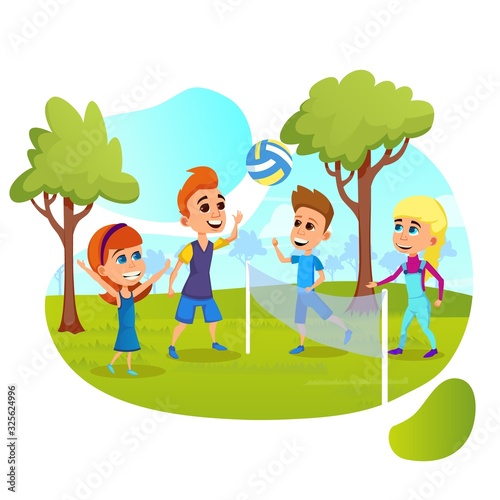 Kids Teams Playing Volleyball on Outdoor Field or Park. Children Play Active Game. Little Boy Hitting Ball. Summer Time Vacation, Sport, Leisure, Holidays Activity. Cartoon Flat Vector Illustration