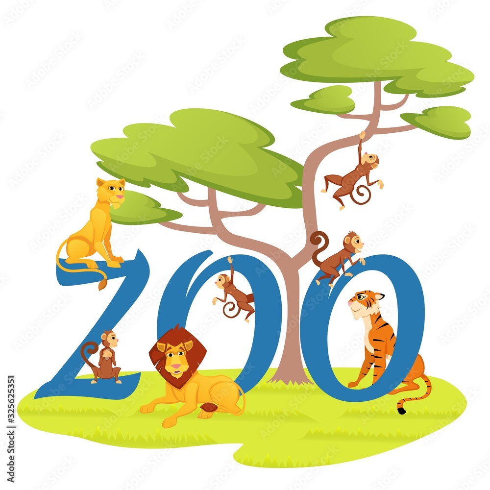 African Animals Walking around Huge Word Zoo on Nature Background, Lion  King, Lioness, Tiger Predators and Funny Monkeys Jumping on Tree Branches,  Wildlife, Nature. Cartoon Flat Vector Illustration Stock Vector | Adobe