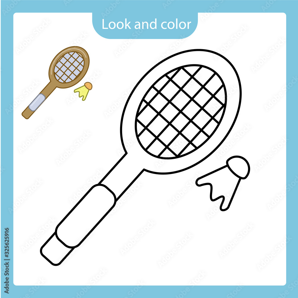 Coloring page outline of racket and shuttlecock toy with example. Coloring page outline of racket and shuttlecock toy with example.