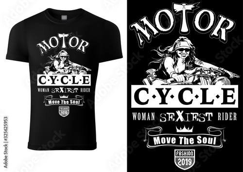 Black T-shirt Design with Motorcyclist Woman and Inscriptions - Graphic Design for Printmaking T-shirt or Poster and etc., Vector