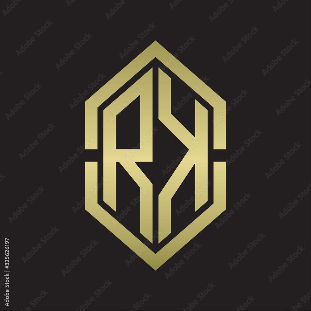 RK Logo monogram with hexagon shape and outline slice style with gold colors RK Logo monogram with hexagon shape and outline slice style with gold colors