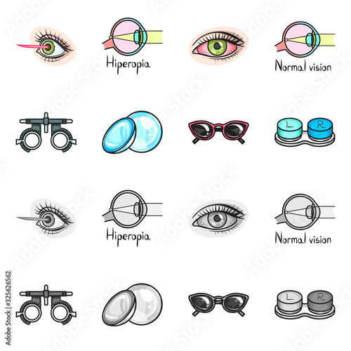 Vector illustration of optometry and medicine logo. Collection of optometry and diagnostic stock symbol for web.