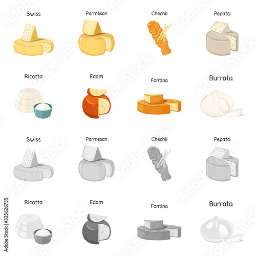 Vector design of food and dairy logo. Collection of food and product vector icon for stock.