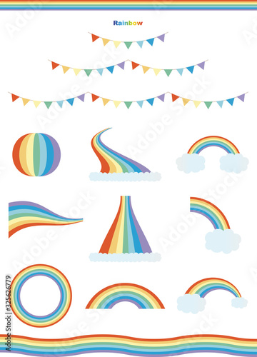 Rainbows in different shape with clouds on the sky. Rainbow color garland. Vector Illustration.